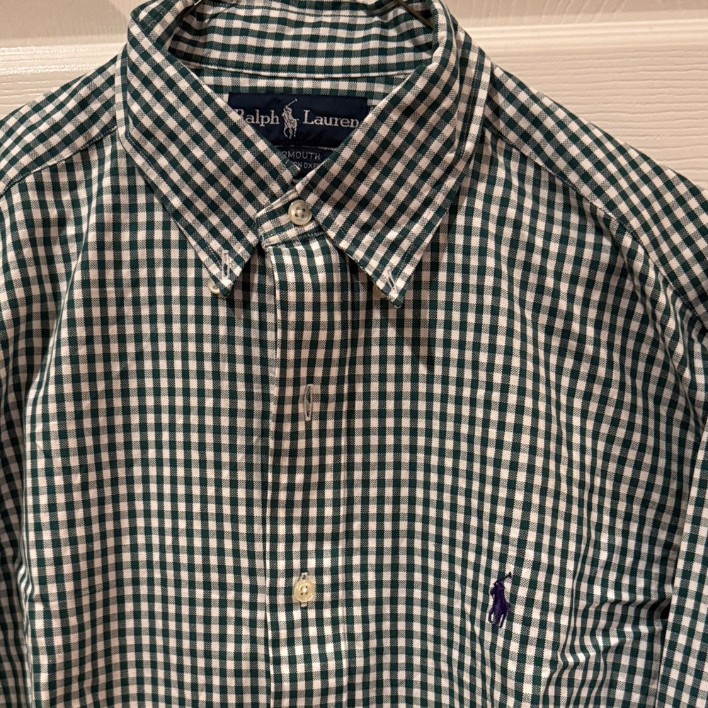 Vintage 1990s Polo Lauren Green & White Gingham Oxford Button-Down Shirt